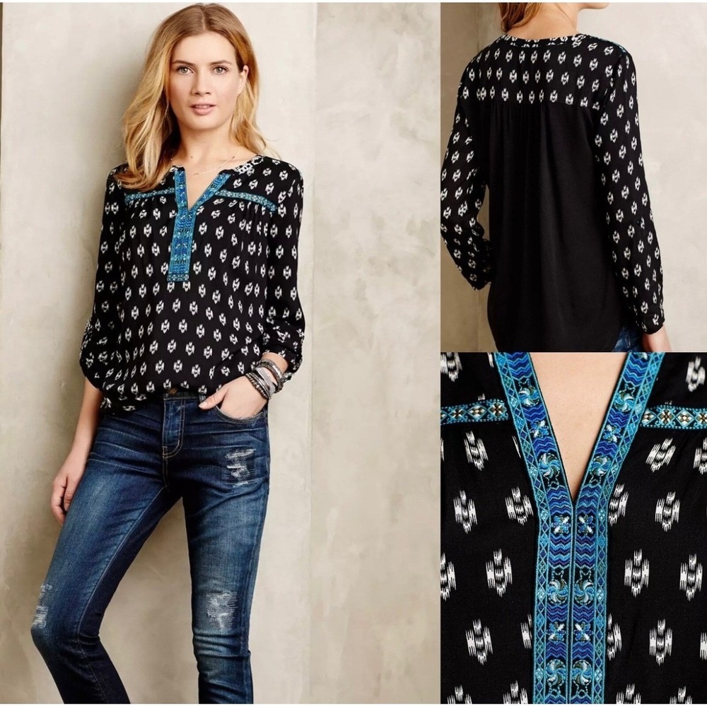 One September Anthropologie Peasant Boho Top Small Mataura Black Blue Embroidery